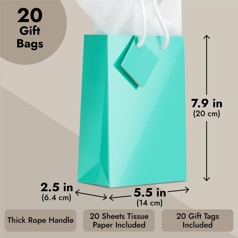 BLUE PANDA Gift Bags - 20 Pack Small Teal, 7.9 x 5.5 x 2.5 In - Teal Party Favor Bags for Baby Shower, Wedding & Birthday with Tags & Tissue Paper - Image 4